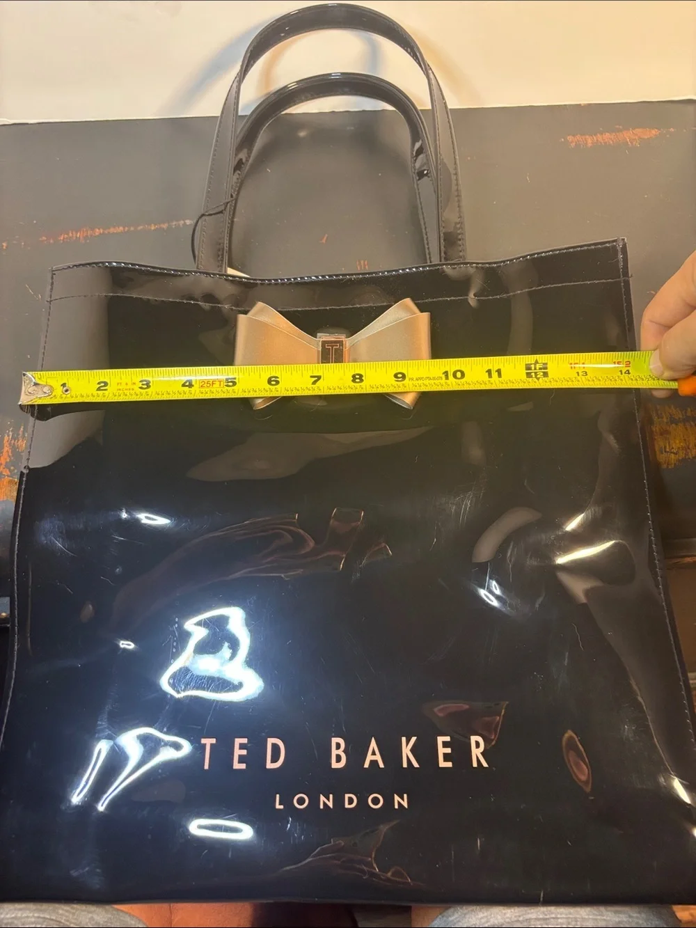 NWT Ted Baker Black Patent Icon Tote Bag with Gold Bow